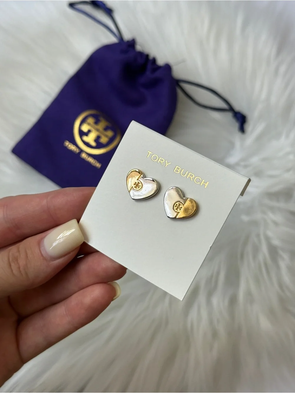 Tory Burch Gold and Silver Heart Stud Earrings New